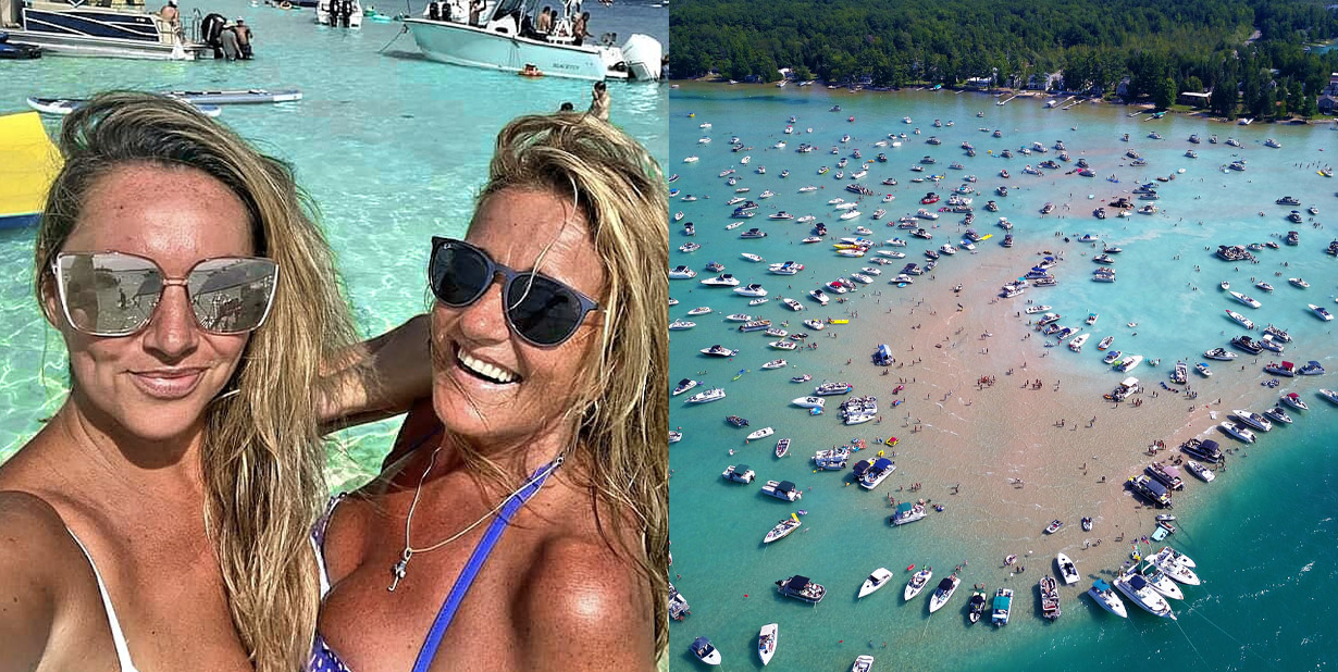 women at the beach and sandbar split image