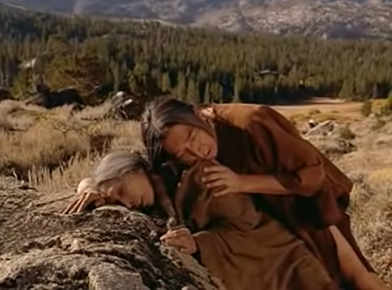 Screenshot of Ishi crying over his mother - from The Last of His Tribe (1992)