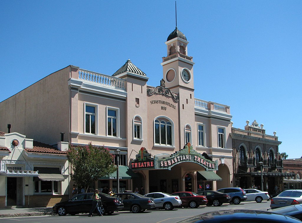 Sebastiani Theatre in Sonoma, California, USA, clear sky in background