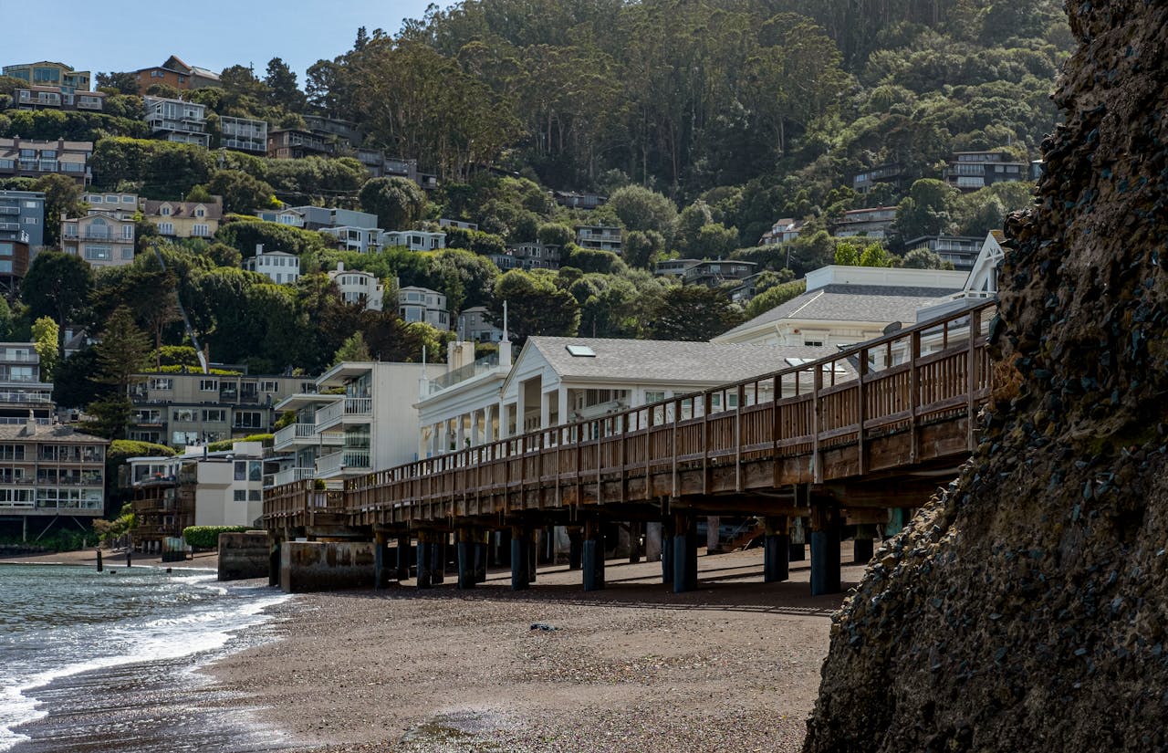 Sausalito Boardwalk Along Seashore with clear sky in background