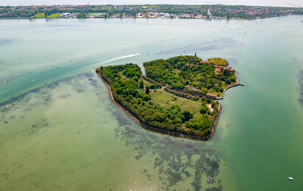 Aerial view of the island of Poveglia in the Venetian lagoon Venice, Italy
