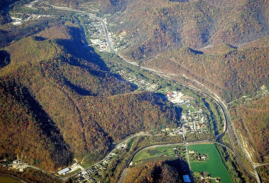 Tug Fork River in Kentucky The community of Lovely, Martin County, Kentucky is in the foreground on the left of the river.