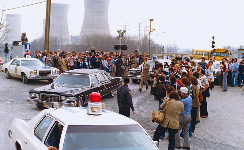 President Jimmy Carter’s motorcade leaves Three Mile Island Nuclear Power Station after the accident on April 1, 1979