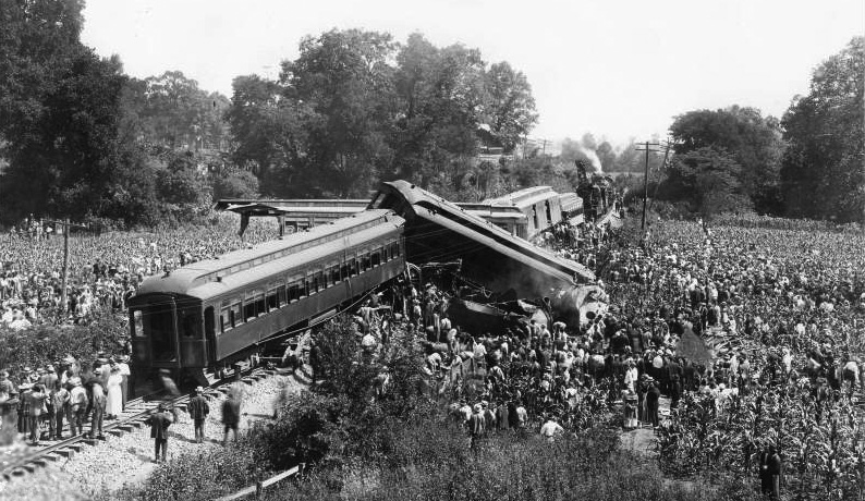 Grayscale Photo of the Great train wreck of 1918 occurred on July 9, in Nashville, Tennessee
