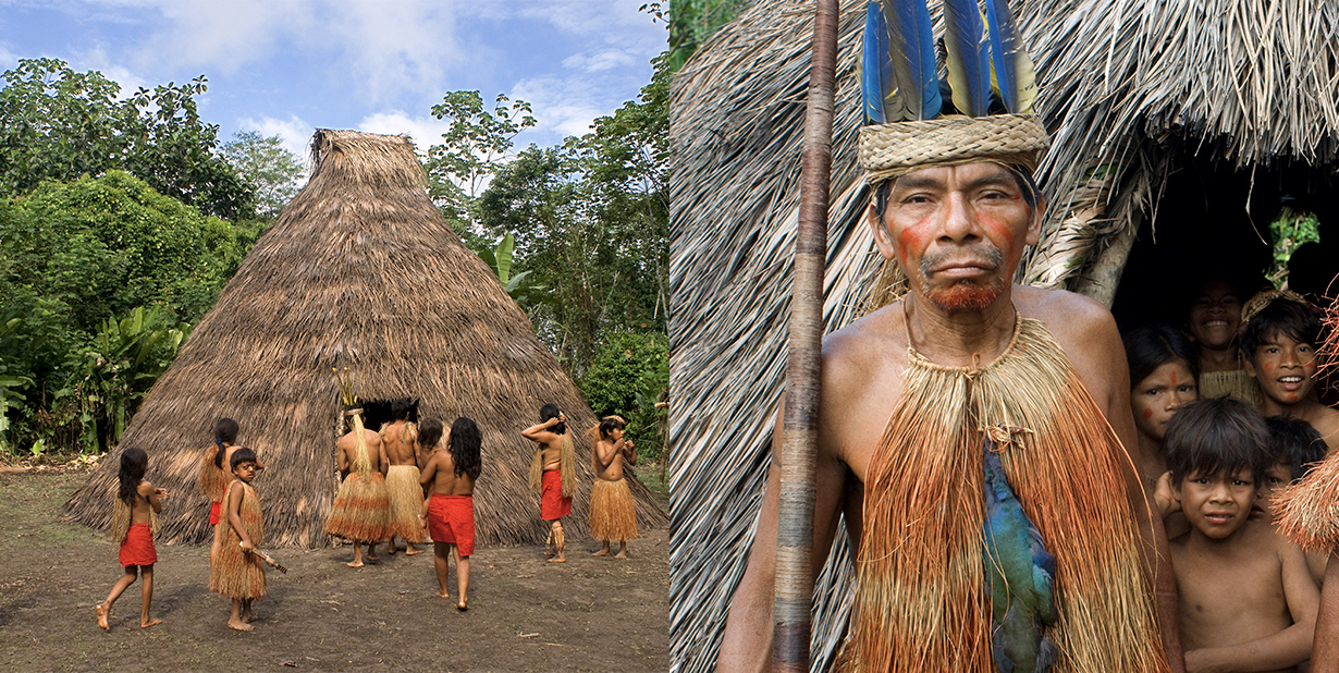 Yagua tribe hut and people split image