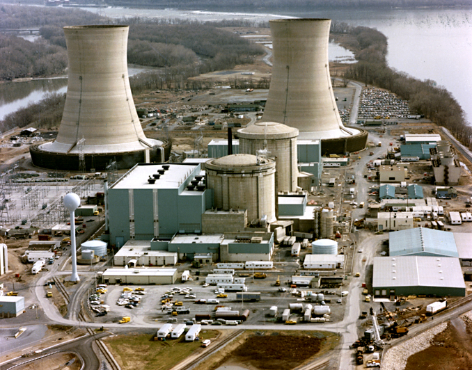 Color photograph of the Three Mile Island nuclear generating station, which suffered a partial meltdown in 1979