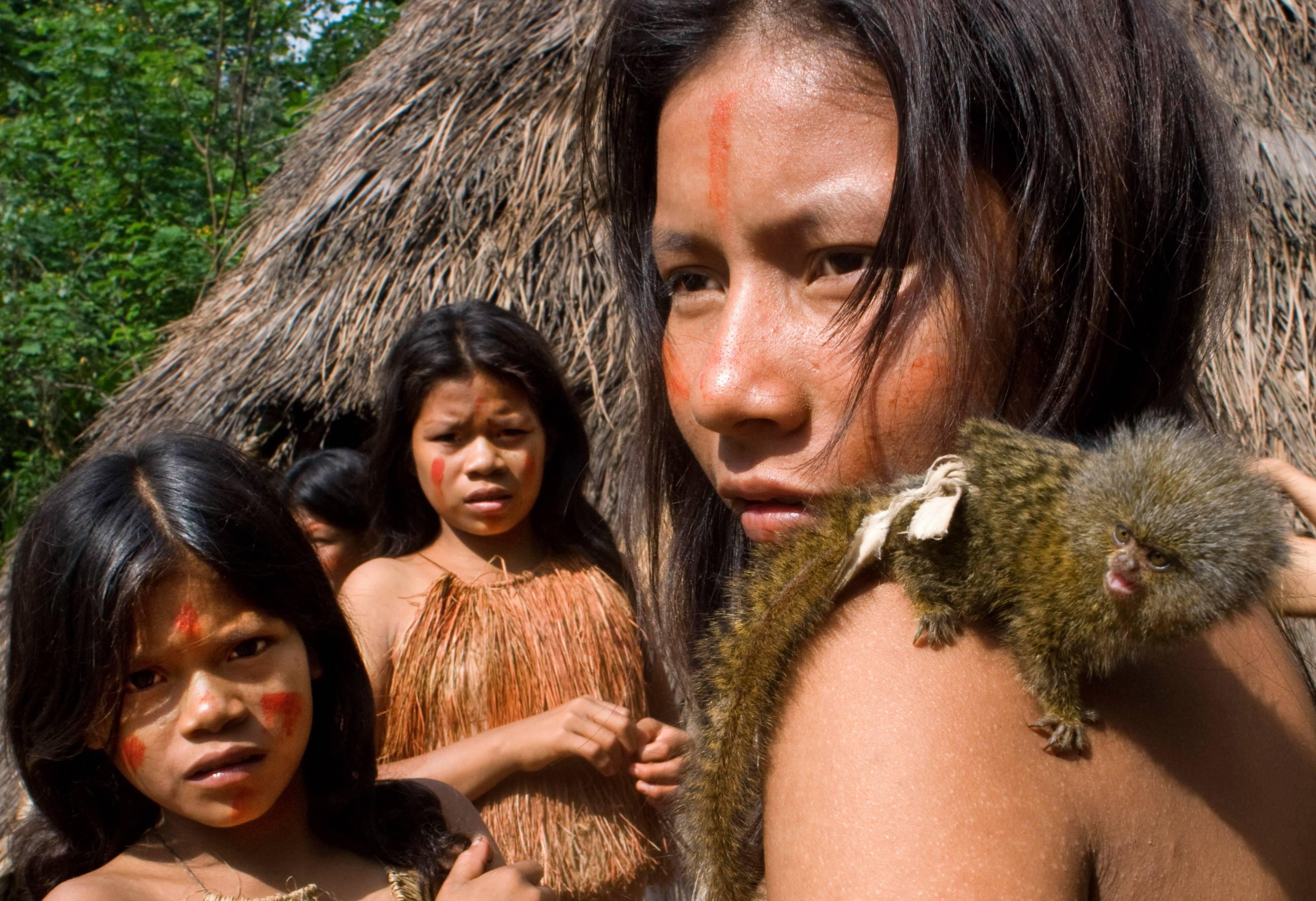 Yagua tribe girls and pet monkey