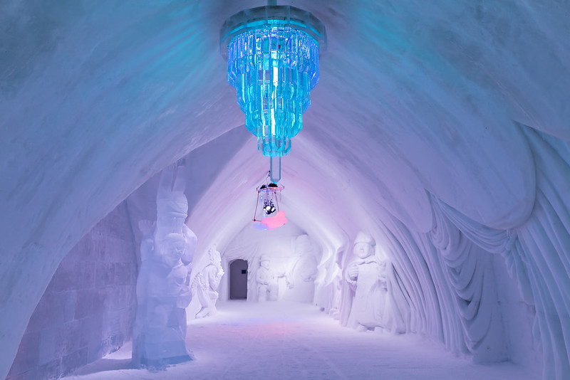 Main Hall with Ice Chandelier of Hotel de Glace in Quebec City, Canada