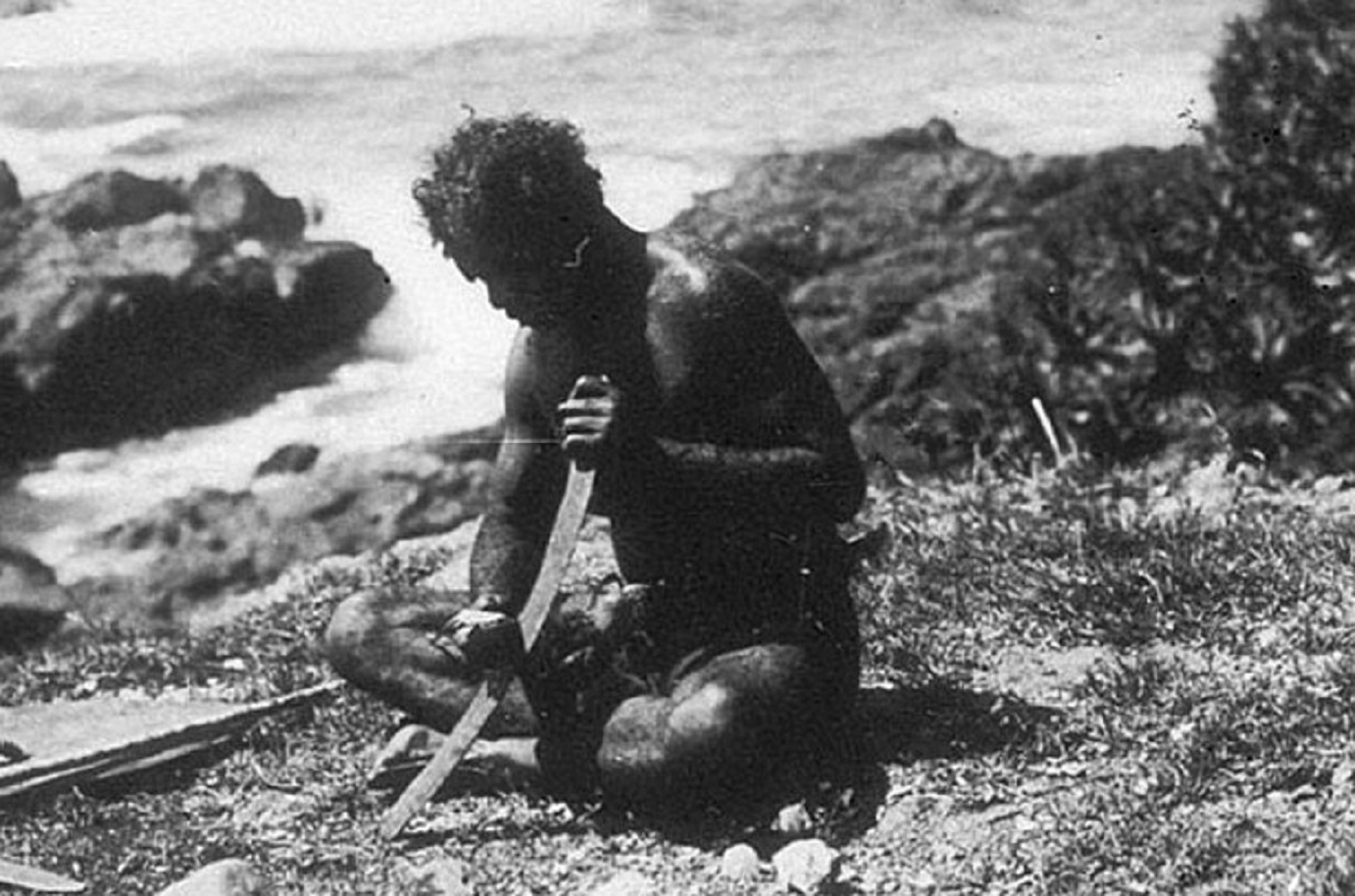 Aboriginal Man Making Boomerang, New South Wales, Australia, Ca. 1905