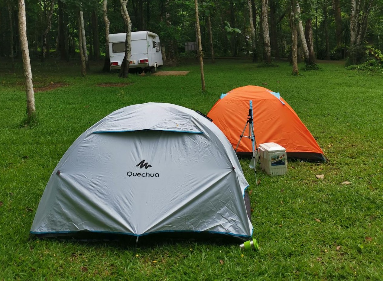 Camping Site with Two Tents on Green Grass Field