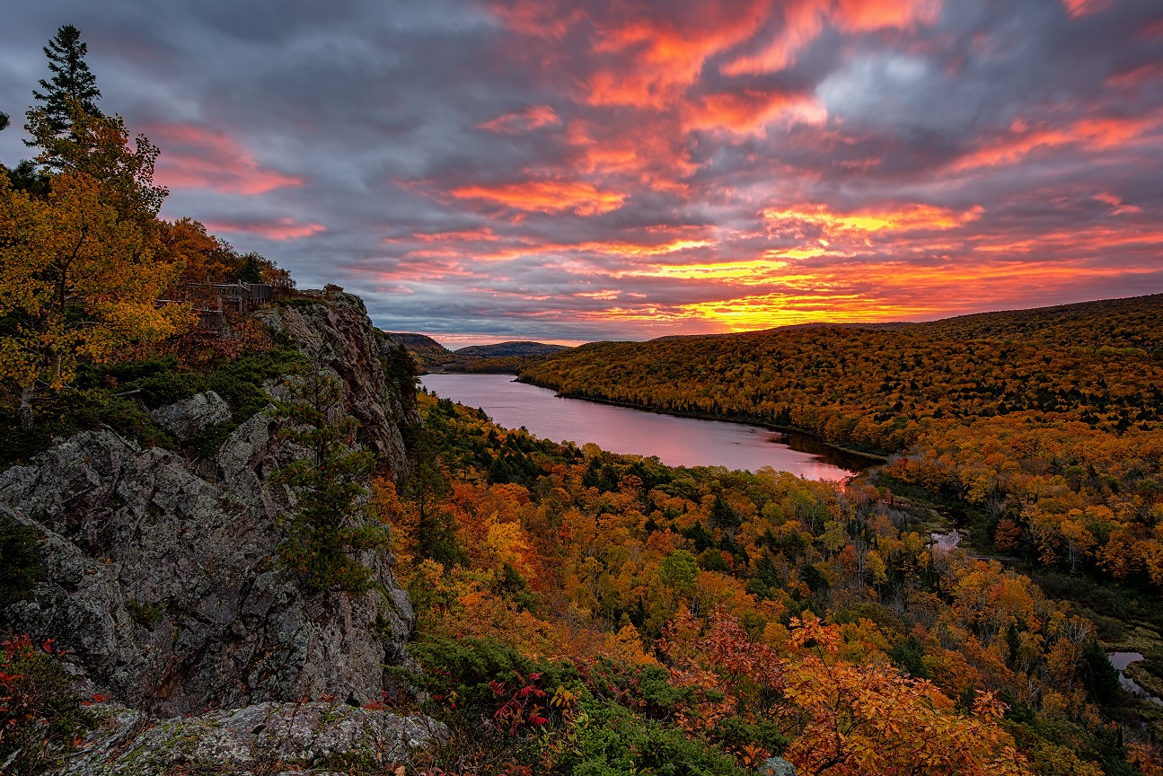 A fiery sunrise over Lake of the Clouds, Porcupine Mountains Sate Park. Michigan's Upper Peninsula