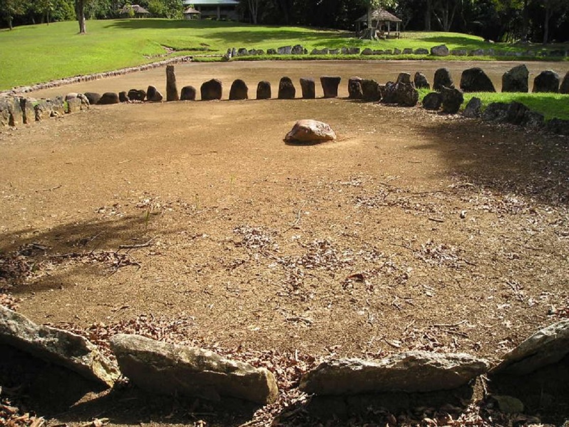 Caguana Ceremonial ball court (batey) in Puerto Rico, outlined with stones