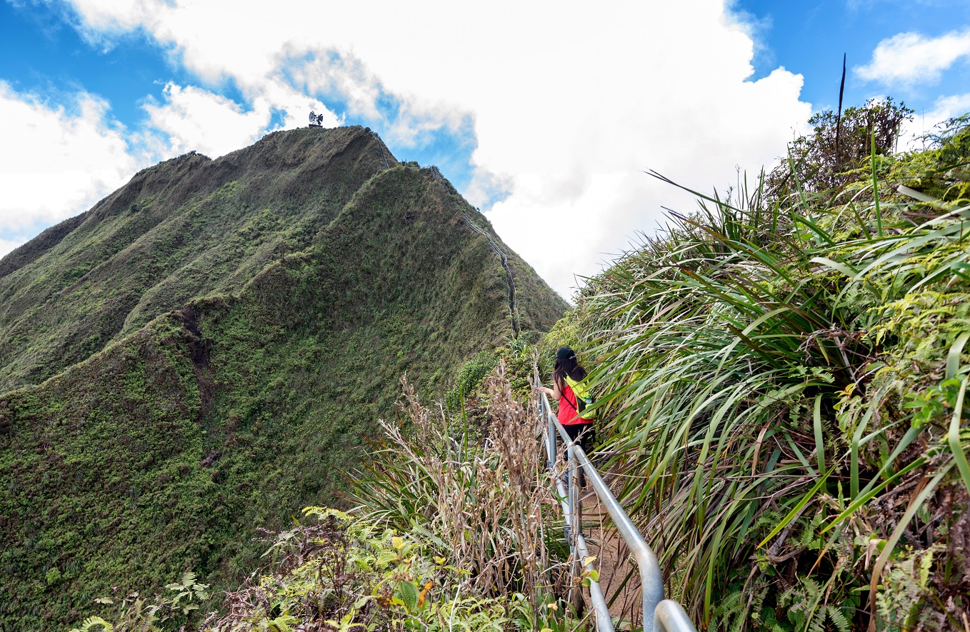 Hiker on a lush a ridge trail on Oahu.