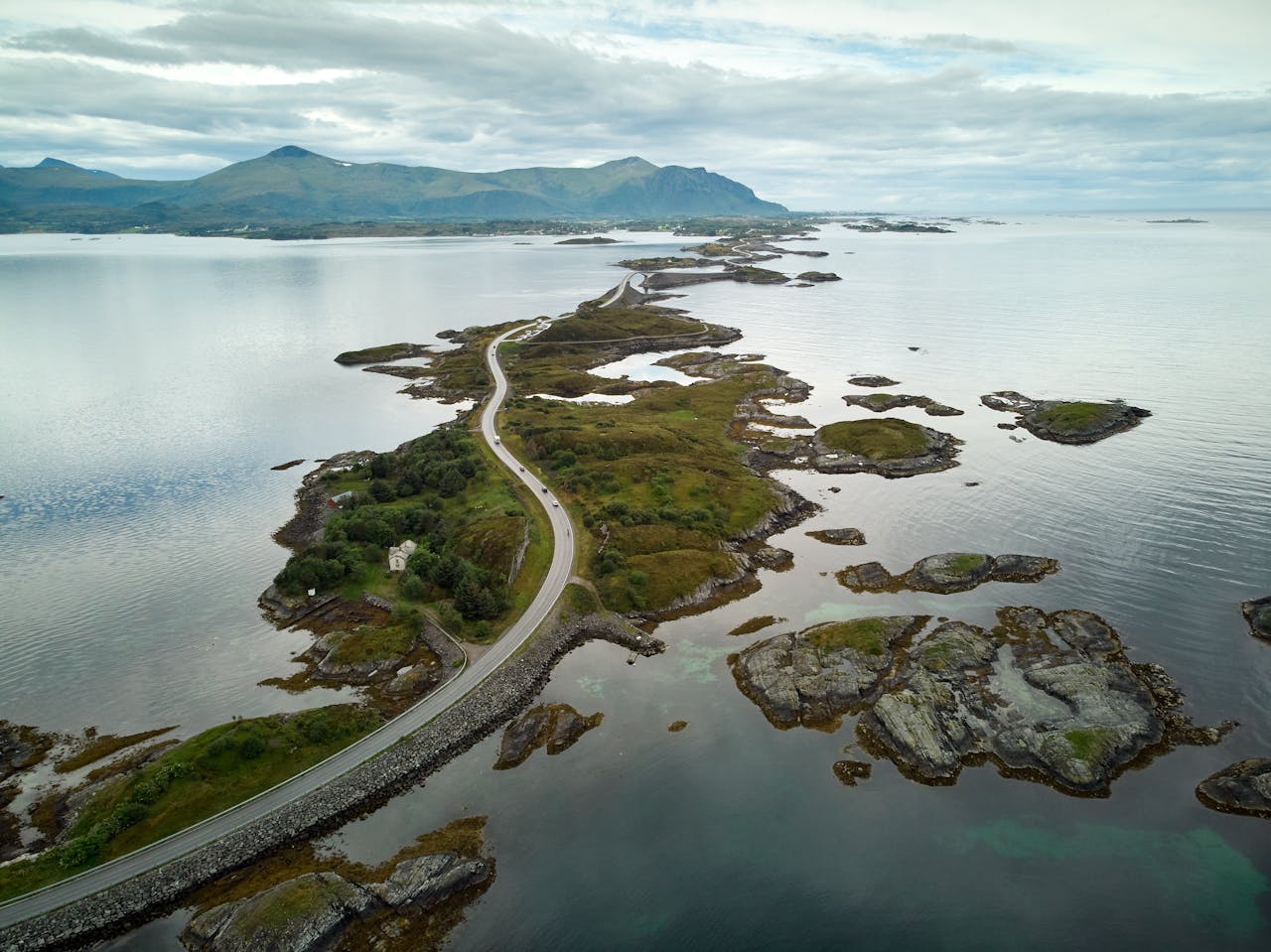 Aerial view of the atlantic ocean road in norway