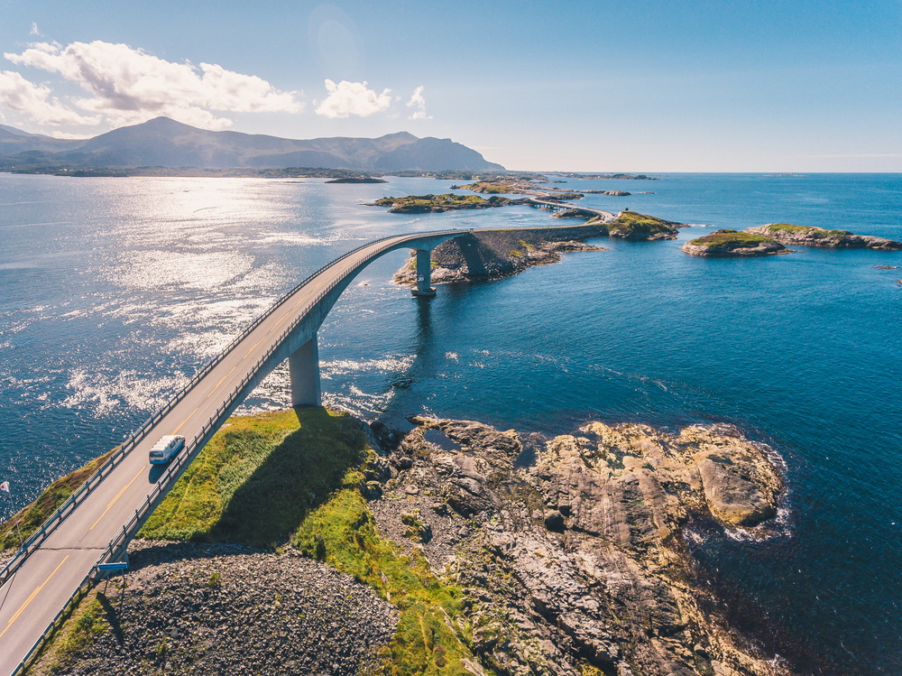Aerial drone shot of the amazing and world famous Atlantic Road in Norway
