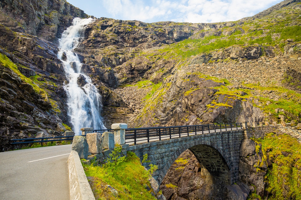 Stigfossen waterfall and bridge on Trollstigen road in Norway