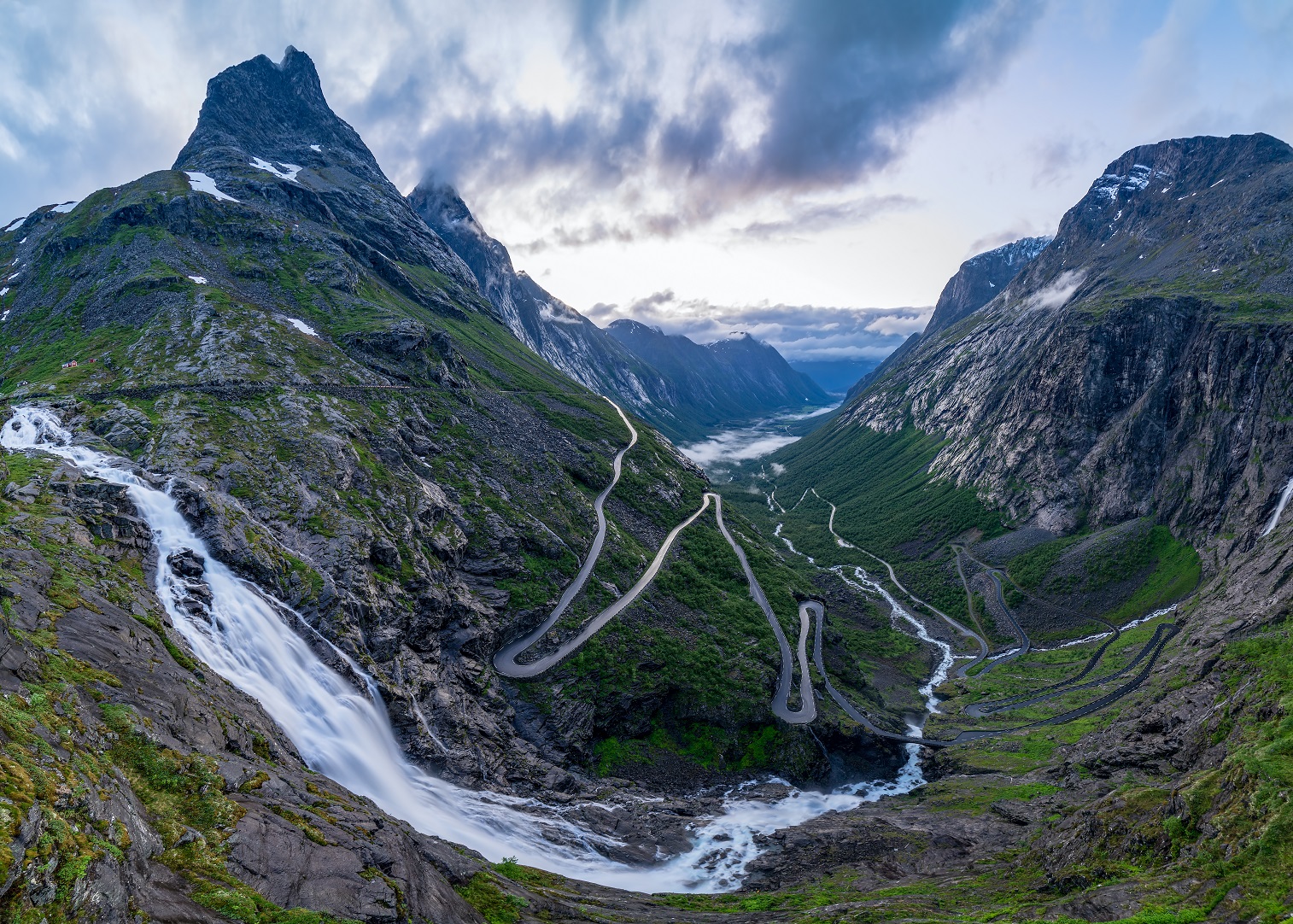 Norwegian mountain road. Trollstigen. Stigfossen waterfall.