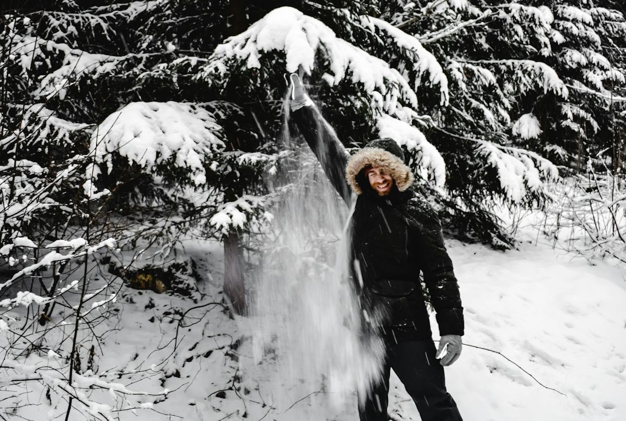 A Man Shaking the Tree Branch of a Snow Covered Tree