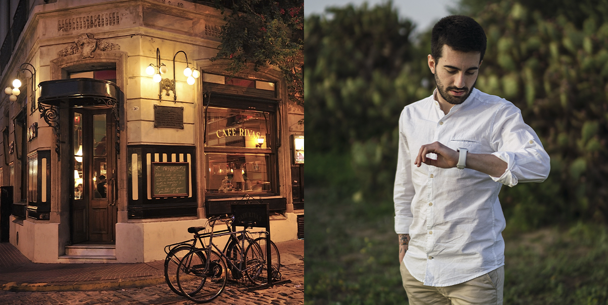 Cafe and man checking watch split image