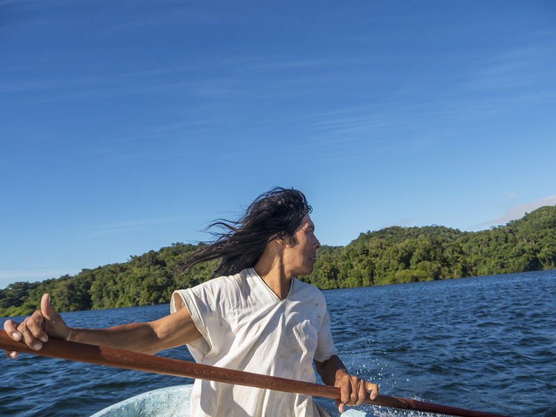 Lacandon Man in of the Mexican state of Chiapas in a canoe