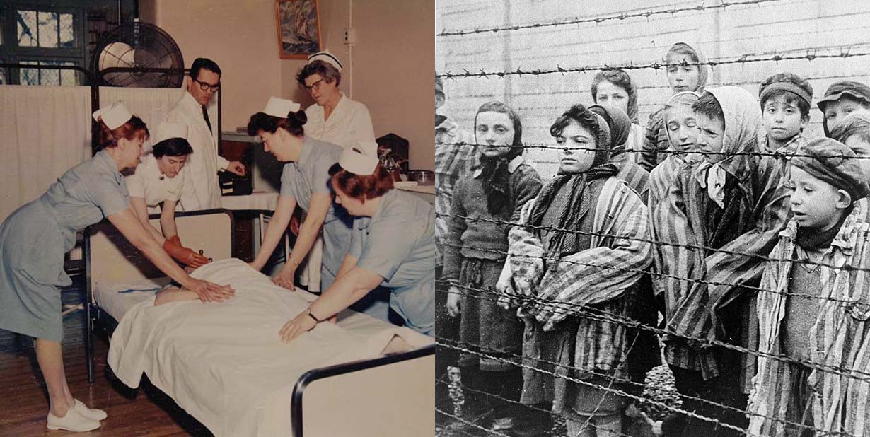 hospital and Auschwitz kids split image