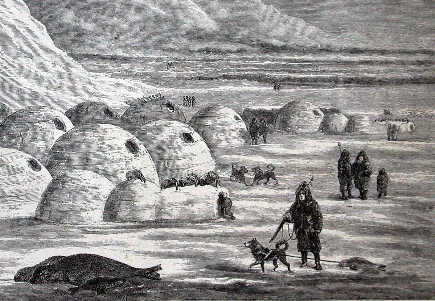 Photograph of a book illustration of an Inuit village - circa 1865