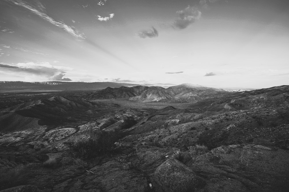 Black and white image of Coachella Valley and Mountains