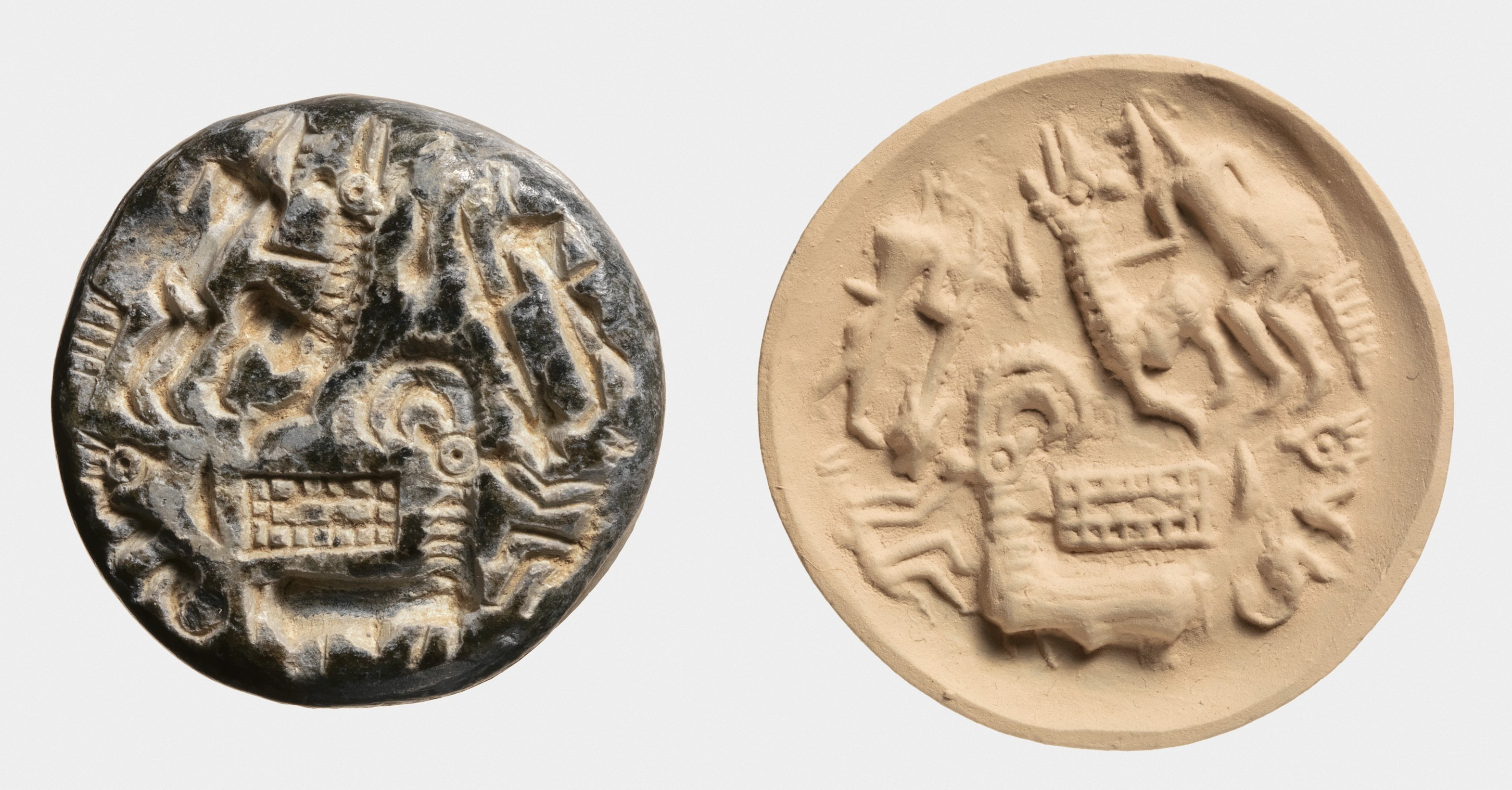 Dilmun stamp seal with hunters and goats, rectangular pen, ca early 2nd millennium BC