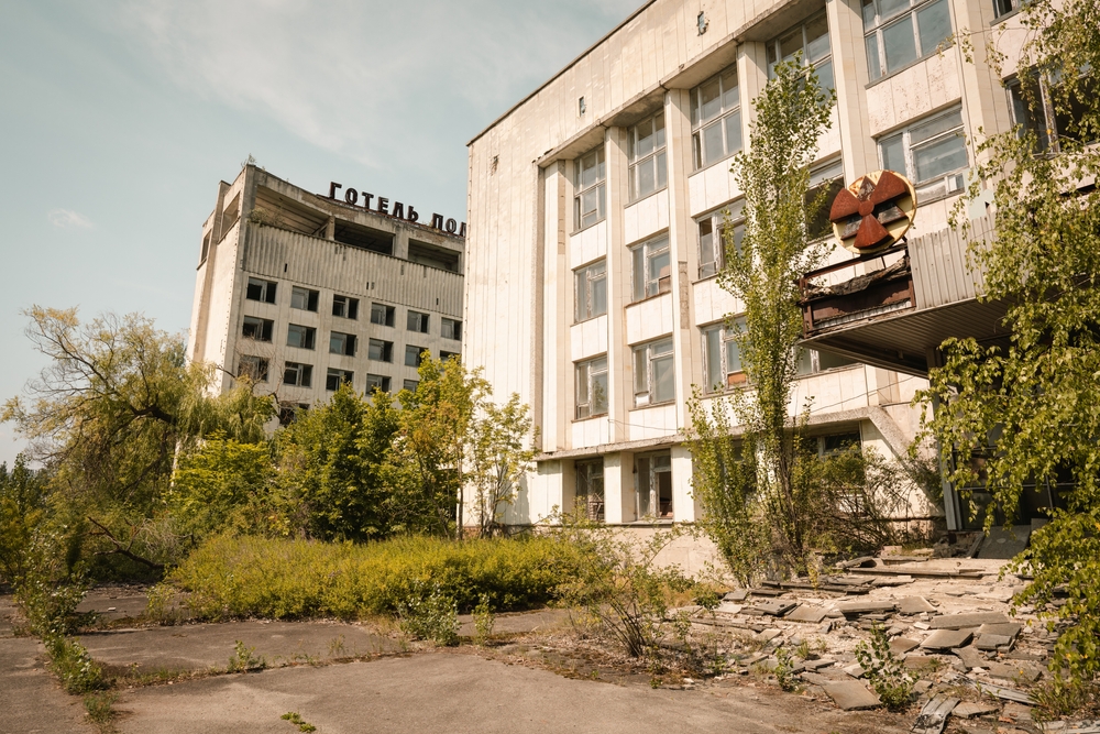 Hotel and other building with radiation sign
