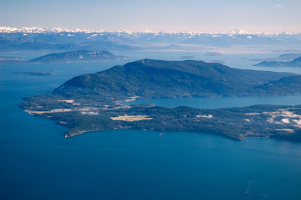 An aerial view of Orcas Island, one of the islands that make up the San Juan Islands in northern Puget Sound