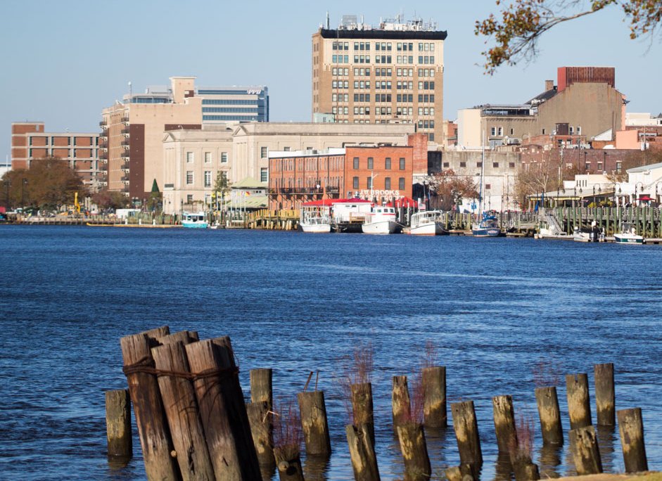 A view of downtown Wilmington, North Carolina, along the Cape Fear River
