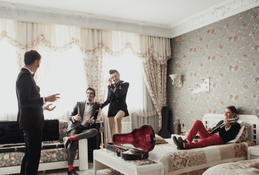 Rock band in hotel room