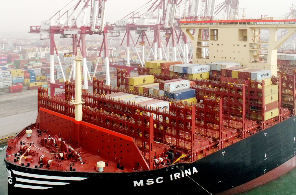 The container ship MSC IRINA leaves the terminal in Qingdao, Shandong province