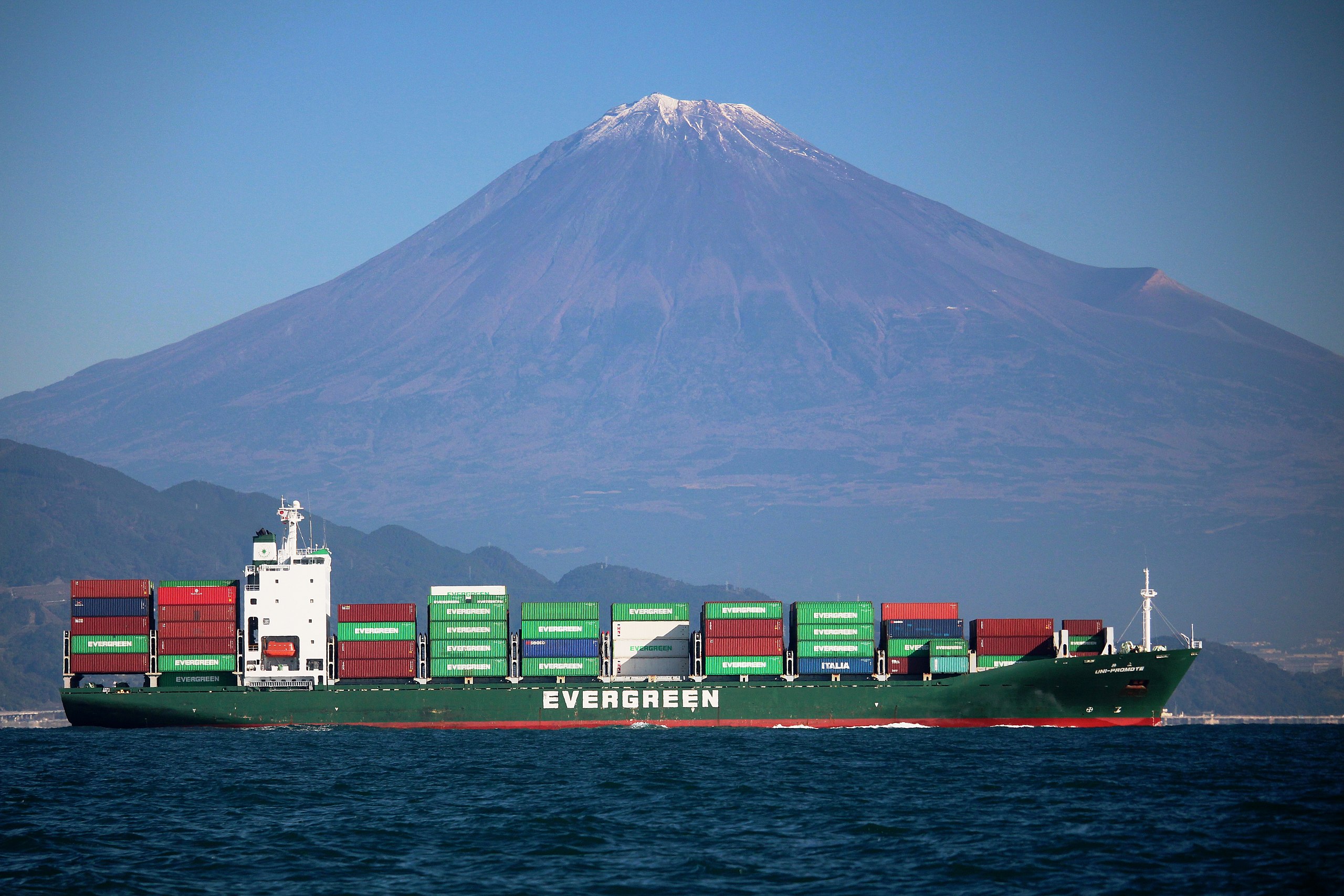 Mount Fuji And Evergreen Container Ship