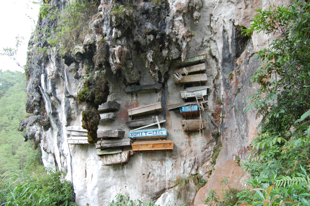 hanging coffins on a cliff