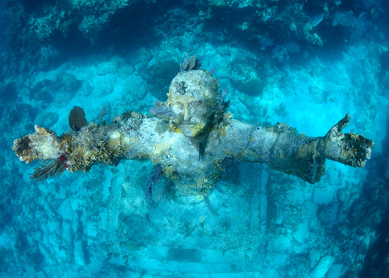 Overhead Photo of the Christ of the Abyss submerged bronze statue of Jesus Christ in the Mediterranean Sea