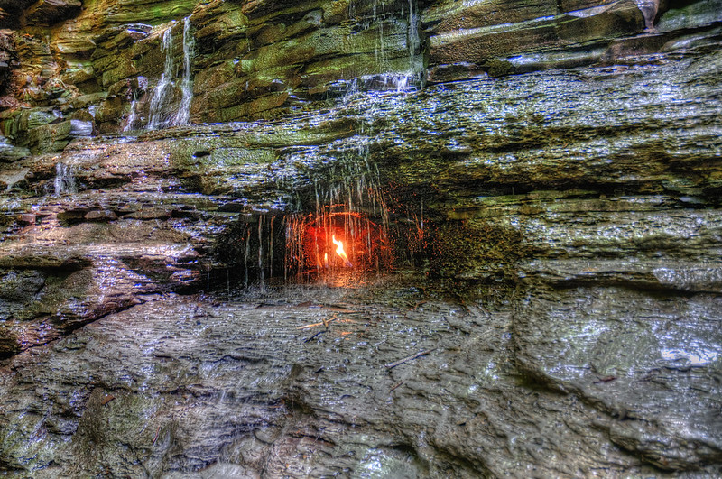A close-up of the gas-lit flame below Eternal Flame Falls