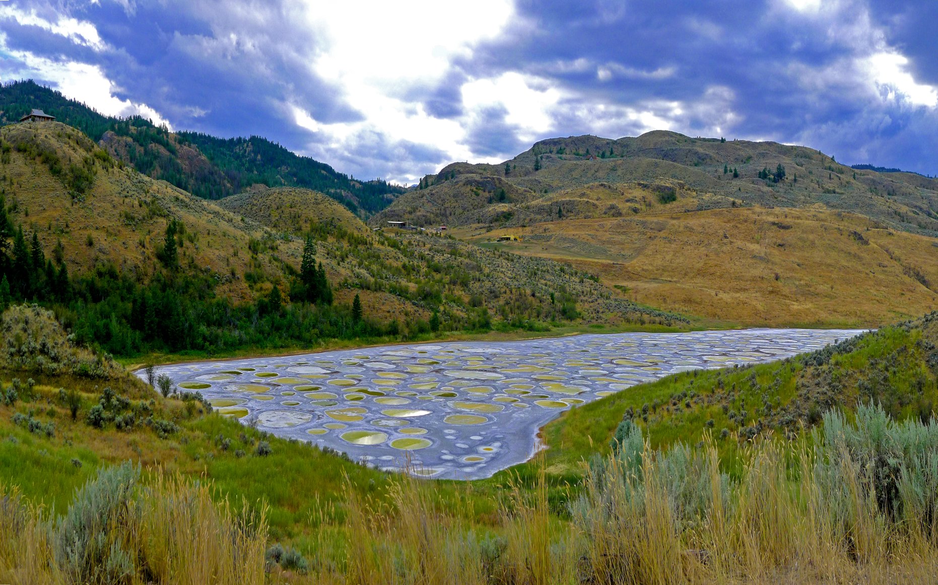 Landscape Photo of the Spotted Lake also known as Lake Khiluk with cloudy sky in the background