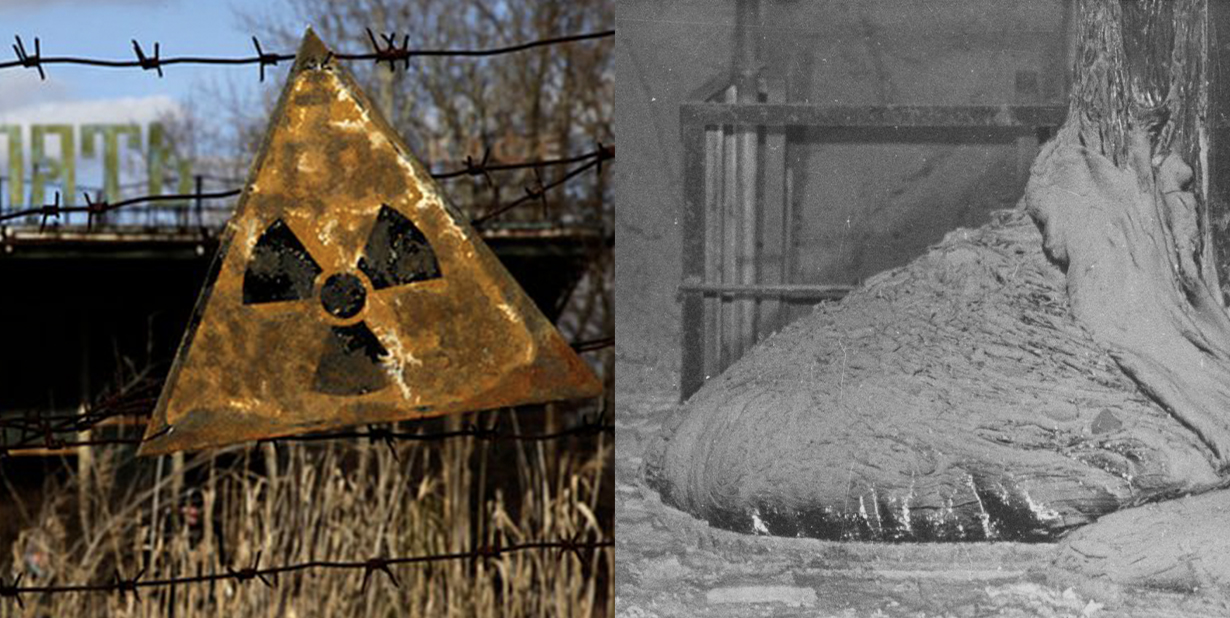 toxic sign and chernobyl elephant foot split image