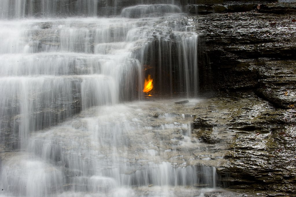 A close-up of the gas-lit flame below Eternal Flame Falls