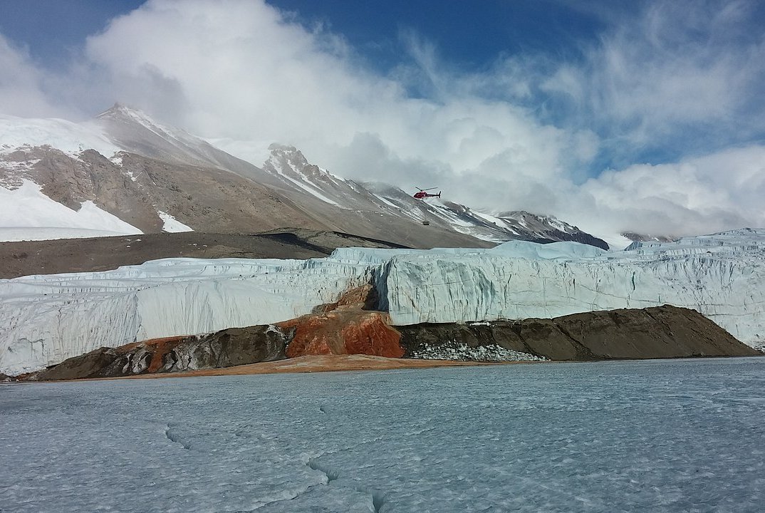 "Crime Scene" at Blood Falls: A rusty, reddish-brown stream flows from the Antarctic Taylor Glacier
