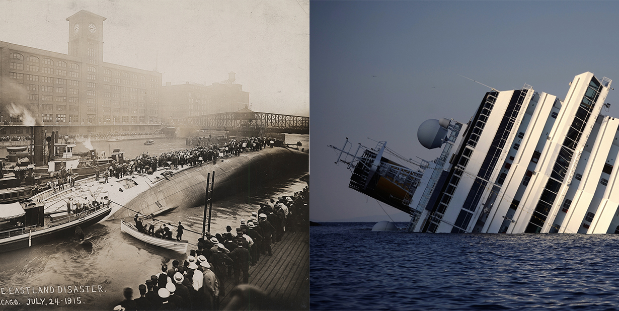 Cruise ship wreckages split image