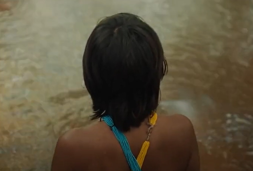 Photo of Yanomami woman in a traditional clothing with her back turned