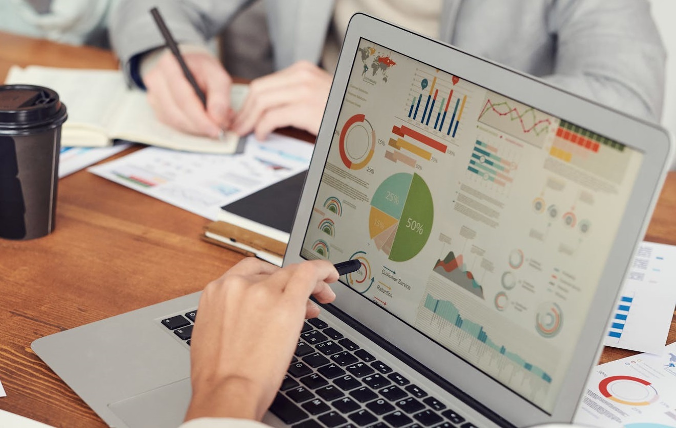 Person Pointing On Statistics on Laptop