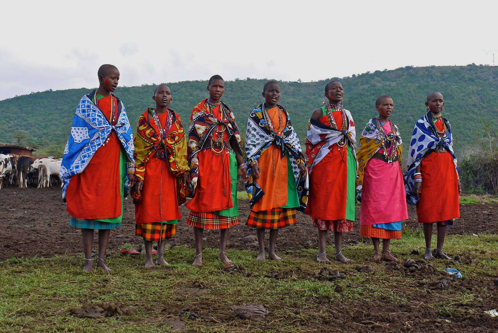 Maasai tribe members in traditional clothes