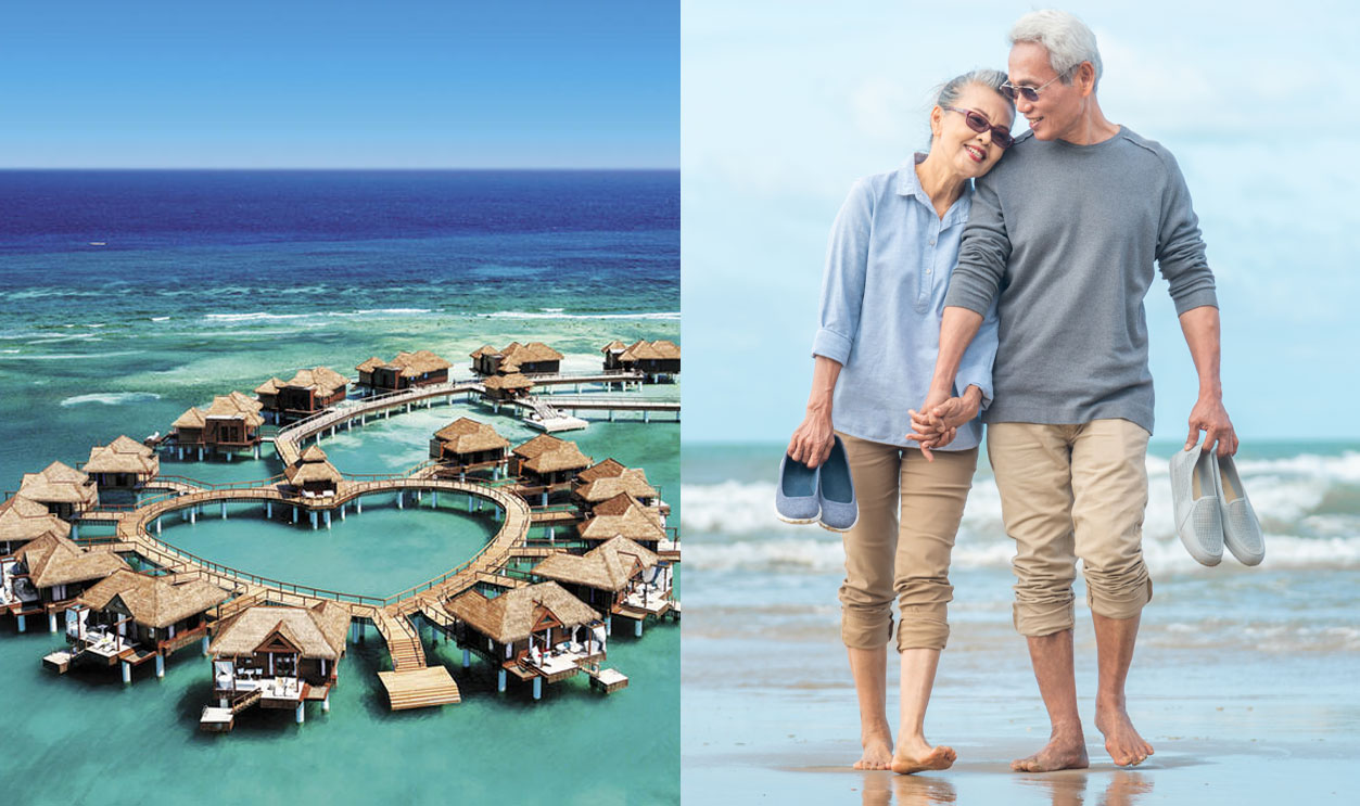 resort and elderly couple split image