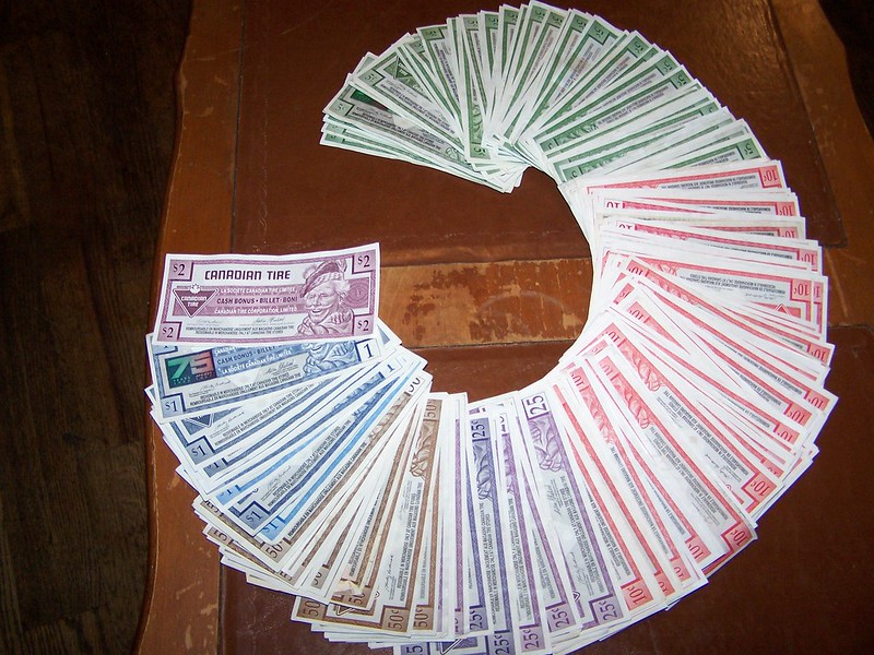 Close Up Photo of Canadian Tire Money wheel placed on a wooden table