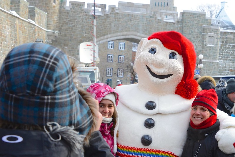 Bonhomme giving free hugs during the Calgary Stampede Breakfast