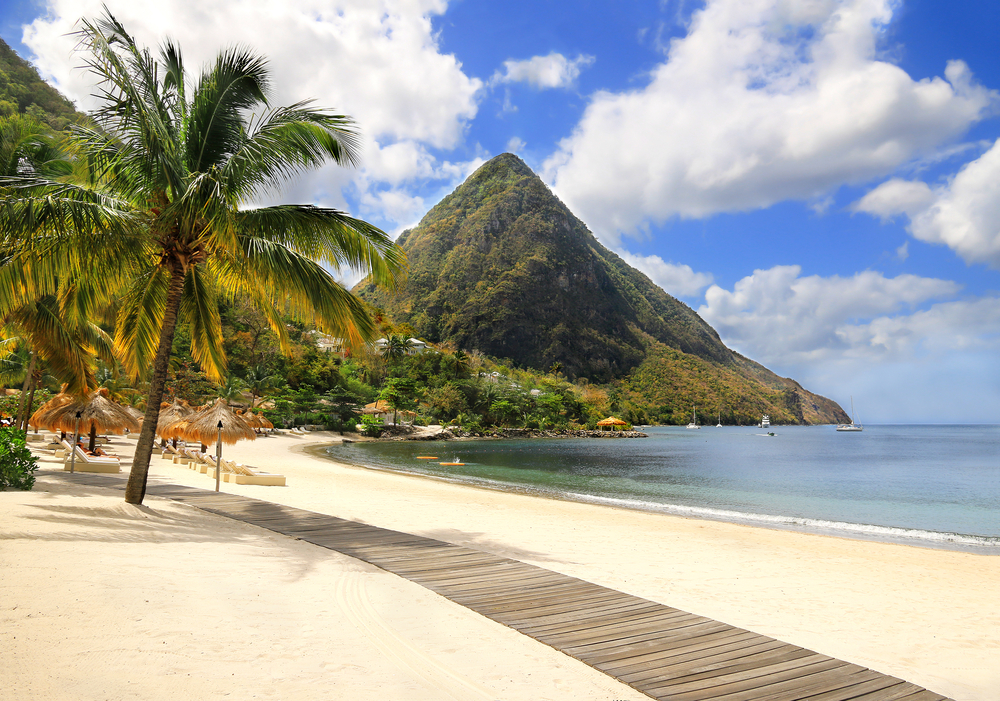 Beautiful white sand beach in Saint Lucia, Caribbean Islands.