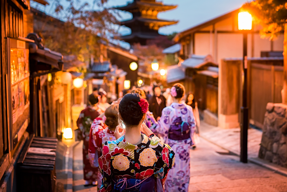 Young women wearing traditional Japanese Kimono